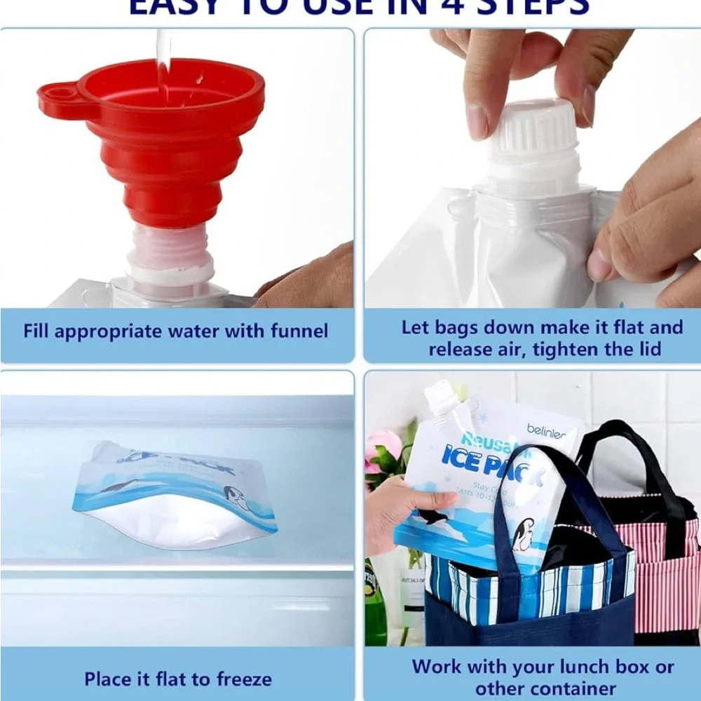 Set of 12 Belinlen Reusable Ice Packs NWOB with funnel
